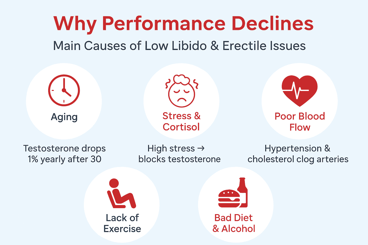 Infographic: Causes of Low Libido - Stress, Aging, Poor Diet, Lack of Exercise